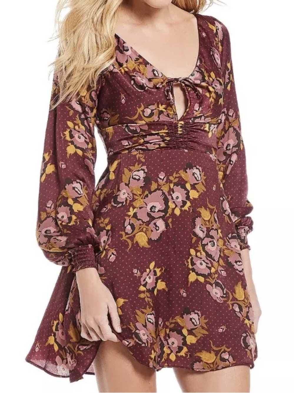 Free People purple satin Morning Light floral long sleeve mini dress size 2